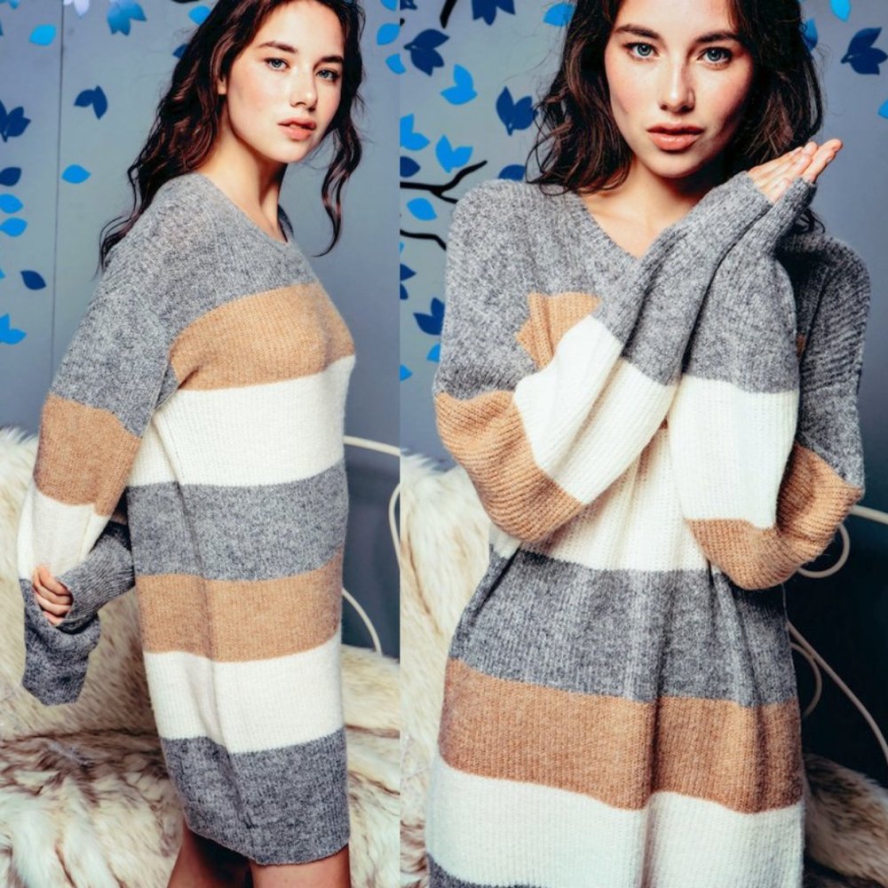 NEW Neutral Stripe Colorblock Soft Sweater Dress - Picture 3 of 13